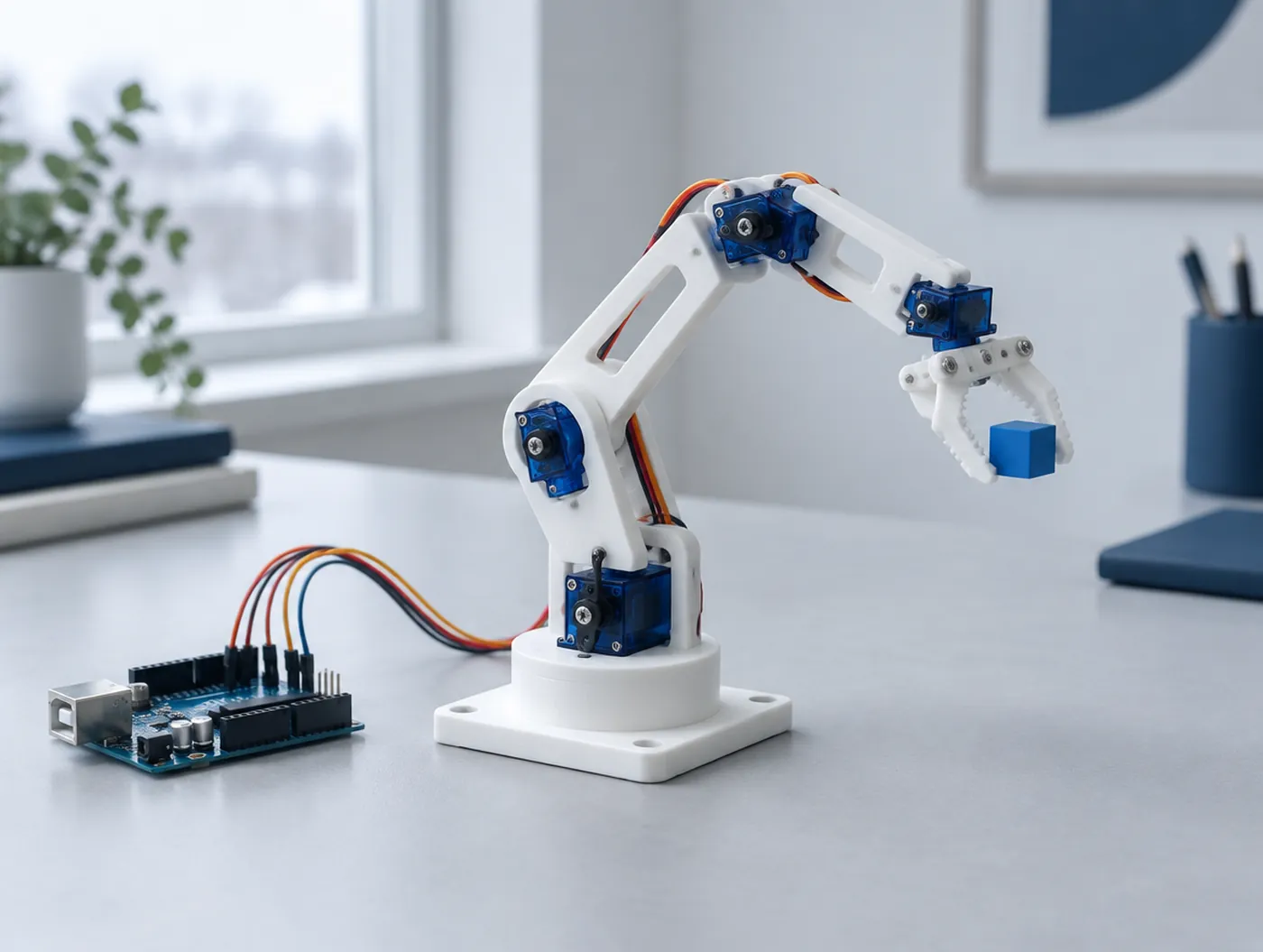Liten robotarm av SG90-servoer og 3D-printede deler ved siden av et Arduino-kort