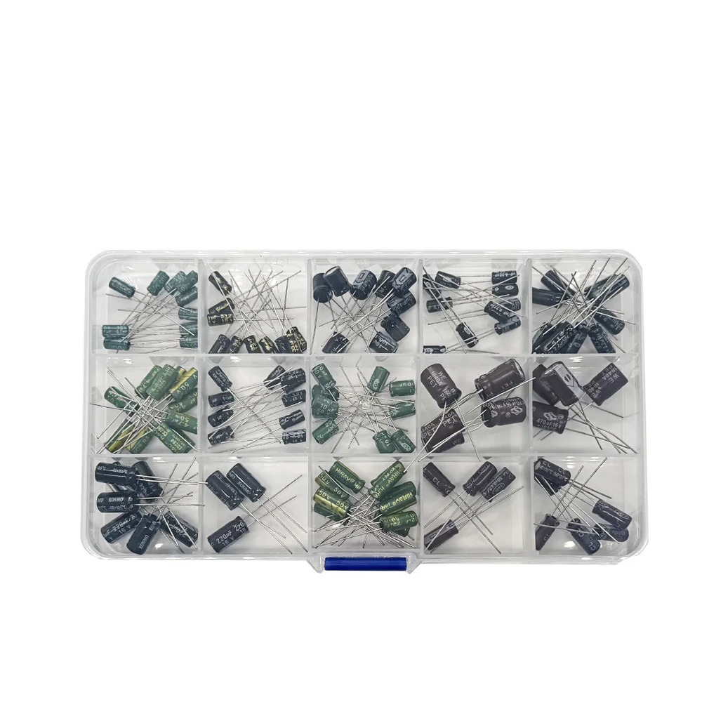 Elektrolyttkondensator-sett – 120 stk, 12 verdier (1–470 µF) i boks