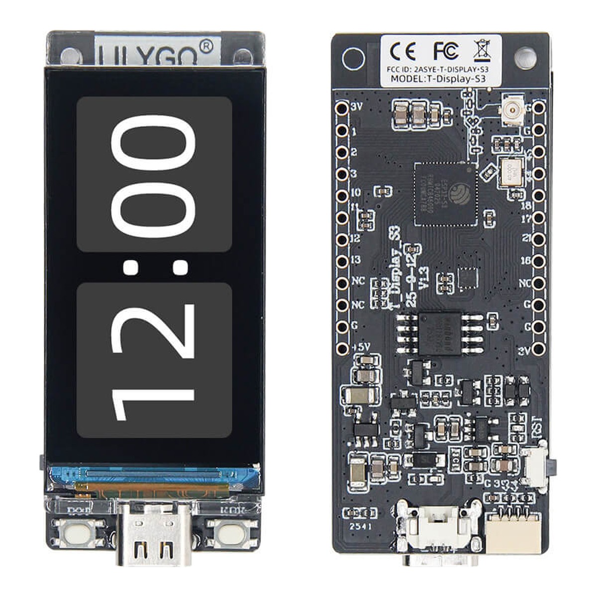 LILYGO T-Display S3 sett forfra med skjerm og bakfra med ESP32-S3