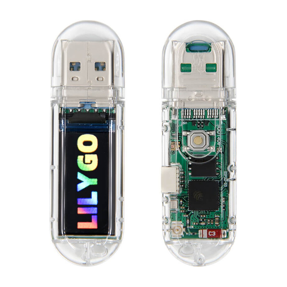 LILYGO T-Dongle S3 med skjerm, sett forfra og bakfra